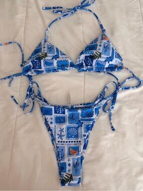 SHEIN Blue White Seashell Print Triangle String Bikini